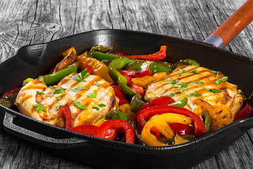Grilled Chicken breast fillet and fried bell pepper, top view