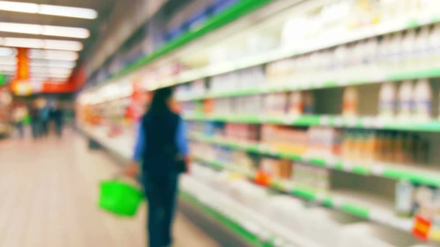 People are shopping in a supermarket, blurred background