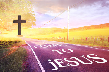Wooden cross and a road to Jesus - 109550631