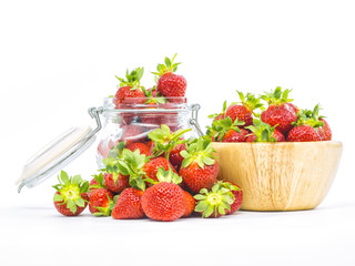 fresh whole strawberries in wooden bowl