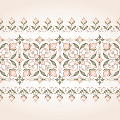 Filigree floral seamless border on light beige background.