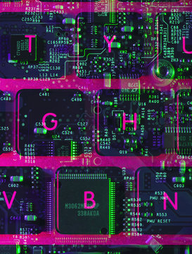 Double exposure of the inside and out of a laptop computer showing the electronic components under the keyboard