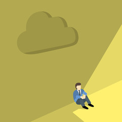 business man sitting alone against shadow wall with cloud sign.