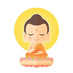 Buddha sitting on lotus. Cute Buddha cartoon vector illustration isolated on white background.