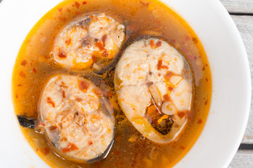 Northern Vietnamese traditional simmered fish in spicy sauce on