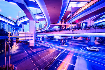 Elevated Highway at night with light trails in Shanghai, China.