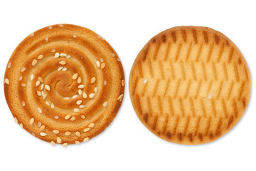 Top view cookies with sesame seeds isolated on white background