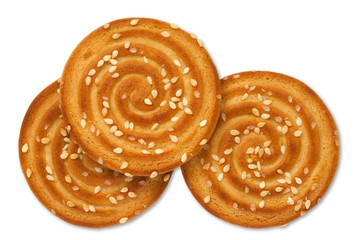 Top view cookies with sesame seeds isolated on white background