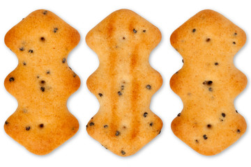 Top view dry cracker crackers with poppy seeds isolated on white