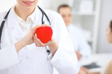 Female doctor with stethoscope holding heart.  Doctor and patient sitting in the background