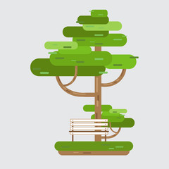 Bench On Tree in park. Spring or summer rest time. Flat style vector illustration. © masherdraws