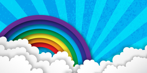 Origami Stylized paper Colorful clouds and rainbow with blue sky. Vector applique illustrations.