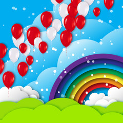 Obraz na płótnie Canvas Realistic Colorful 3d Balloons fly to sky. Blue sky with origami clouds and rainbow. Vector applique illustrations.