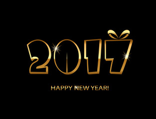 Vector illustration Happy New Year 2017 on a dark black background gold gloss and tsyfry in retro style with a gift bow
