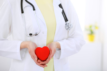 Female doctor with stethoscope holding heart.  Patients couple sitting in the background