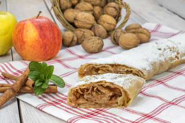 One Slice Homemade Apple Strudel with Cinnamon and Mint
