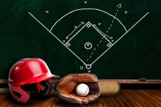Baseball Equipment and Chalk Board Play Strategy