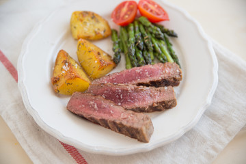 Steak mit Kartoffeln und Spargel