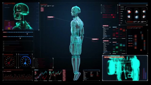 Rotating transparency 3D robot body in digital interface. display.