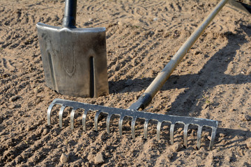 Rake and spade on soil