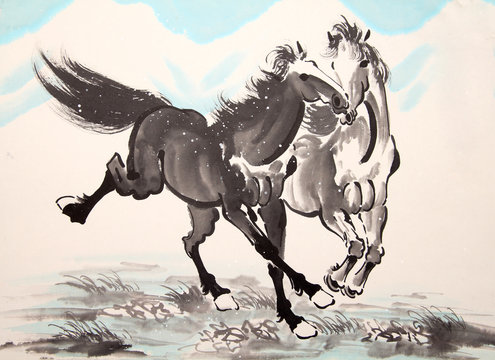 Chinese ink horse drawing
