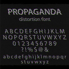 Vector Glitch alphabet. Letter and numbers. Glitched typeface with noise background. Distortion font set interference effect. Vintage analog TV text effect.