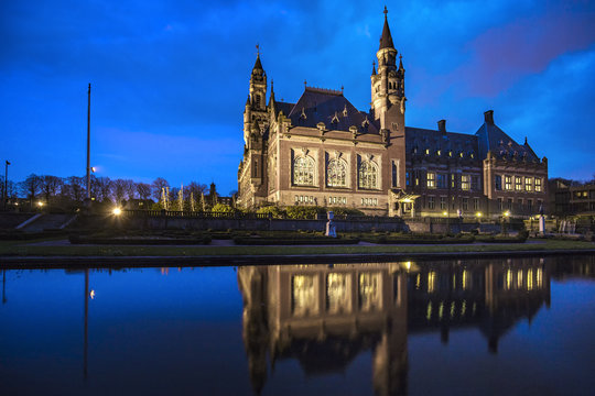 Reflection of the Peace Palace, Seat of the International Court of Justice located in The Hague, Netherlands
