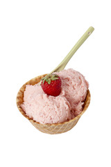 eating strawberry ice cream on a cone