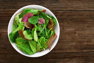 Bowl with salad on a wooden background (spinach, rucola, mangold