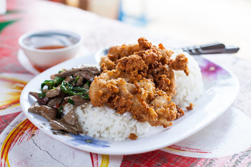 liver Basil Fried Rice and fried chicken Thailand food
