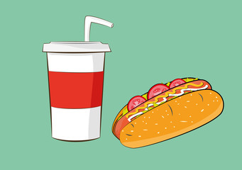 vector illustration of hotdog sausage with cola drink. fast food concept. eps 10