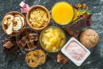 Selection of food high in sugar - obrazy, fototapety, plakaty