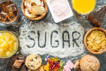 Selection of food high in sugar - obrazy, fototapety, plakaty