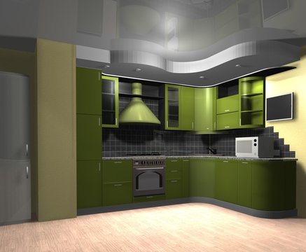 Kitchen Green Interior 3D Rendering Design 