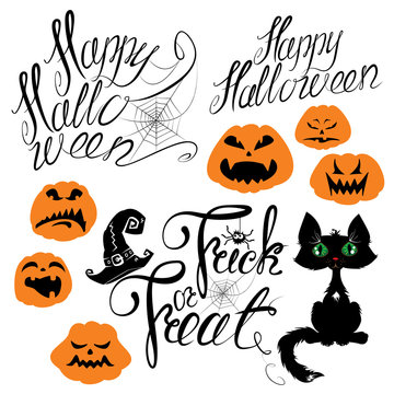 Set of Halloween elements - pumpkin, cat, spider and other terri