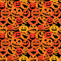 Halloween seamless pattern with pumpkins faces - different emoti