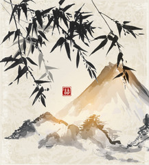 Obrazy na Plexi  Bambus i góry. Tradycyjne japońskie malarstwo tuszem sumi-e. Zawiera hieroglif - podwójne szczęście.