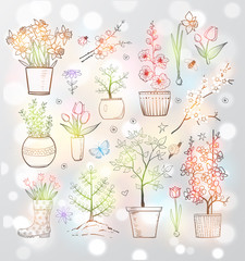 Set of doodle sketch garden flowers on white glowing background