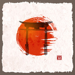 Torii gates and red rising sun hand-drawn with ink in traditional Japanese style sumi-e on vintage background.  Contains hieroglyph - double luck.