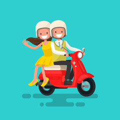 Guy with a girl riding on a motorcycle. Vector illustration