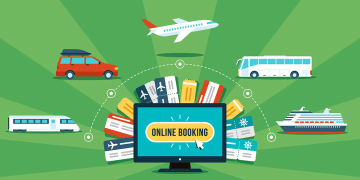 Tickets online booking concept. Various transportation and tickets around computer. Flat style. Eps 10.