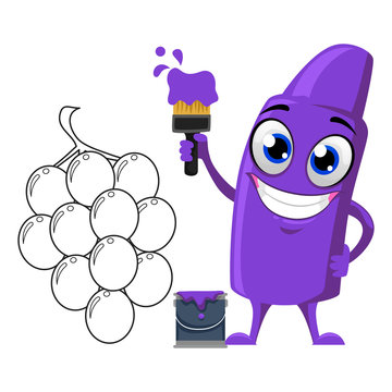 Vector Illustration of Violet Crayon Mascot Coloring Grapes