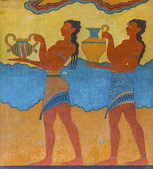 Procession ancient fresco( painted around 1580 BC) at the Minoan Palace of Knossos.Heraklion.Crete island.Greece.Europe.