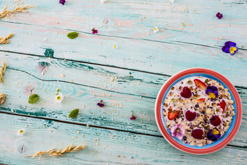 Porridge, Oatmeal with fruits - traditional, healthy breakfast
