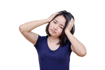Young asian girl with headache over white