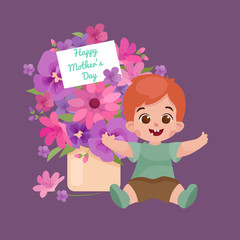 Vector illustraion greeting cart baby boy Happy Mothers Day