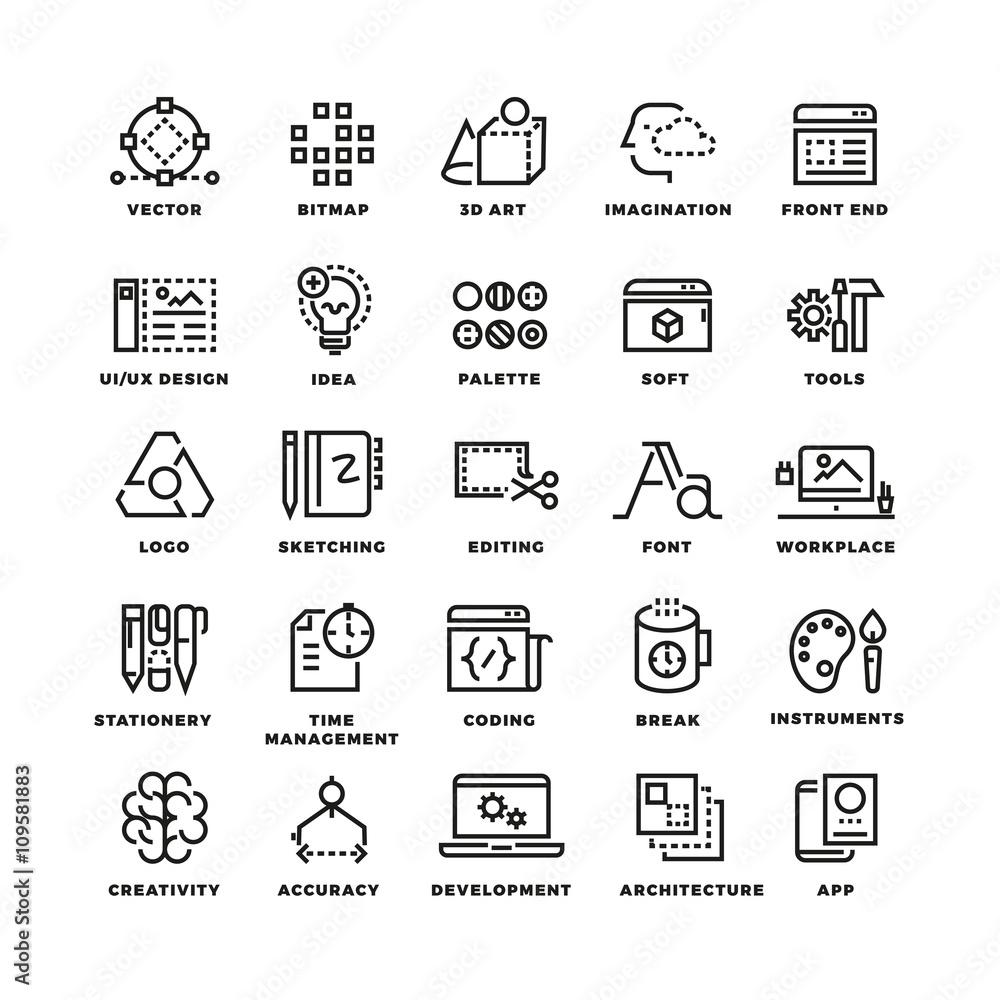 Poster creative process and tools line icons set
