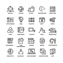 Creative process and tools line icons set