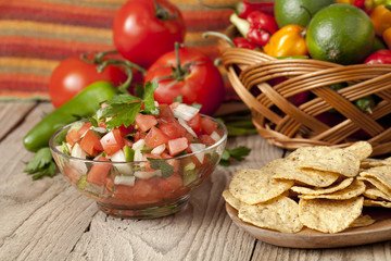 bowl of mexican salsa and chips