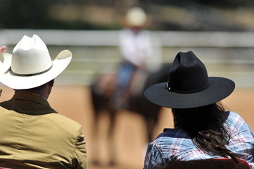 View on the backs of judges with a rider on a background during the NRHA competition